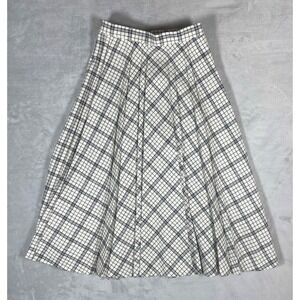 Vintage Patty Woodard Pleated Midi Skirt Women 6 White Black Plaid Wool Blend